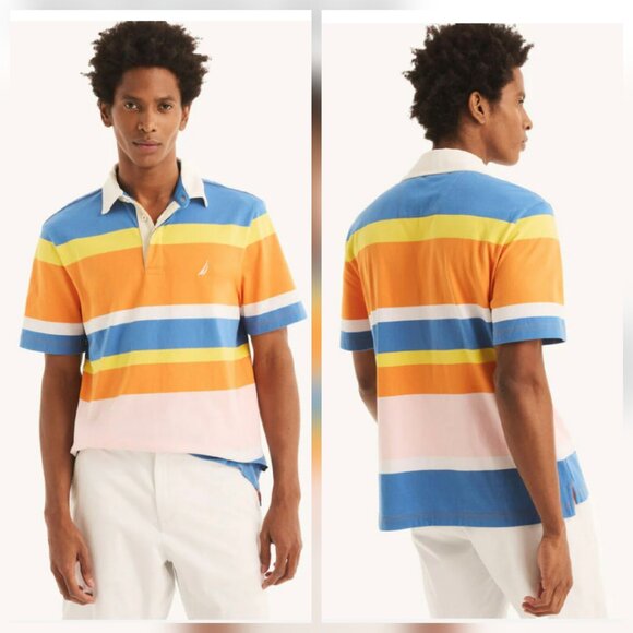 Nautica Men's Classic Fit Striped Rugby Polo Shirt XL Shrimp - Picture 1 of 14